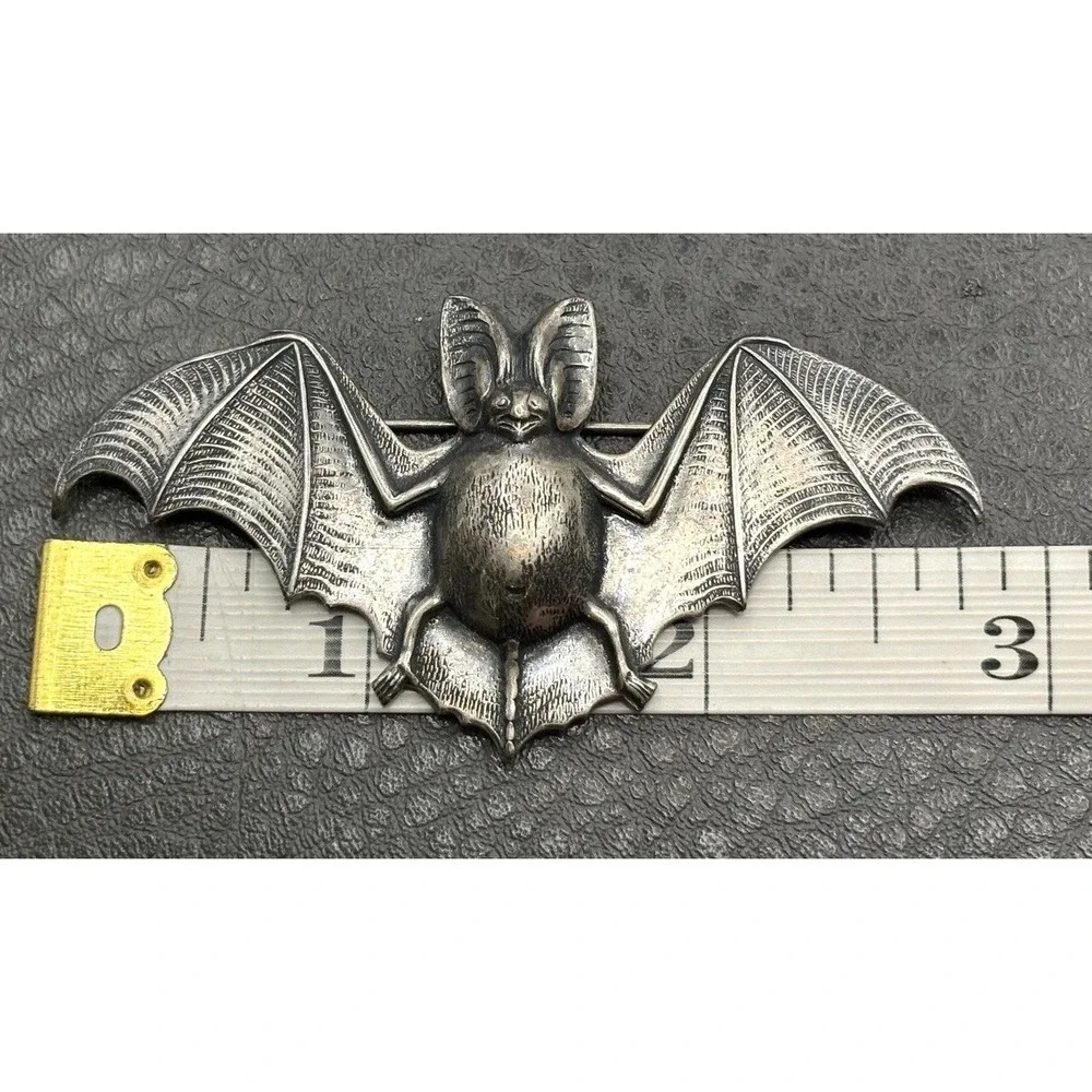 Vintage Bat Victorian Revival Brooch Pin Repousse Silver Tone Halloween Gothic